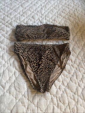 MICHAEL Michael Kors Leopard-Print Bandeau Bikini in Brown and Black